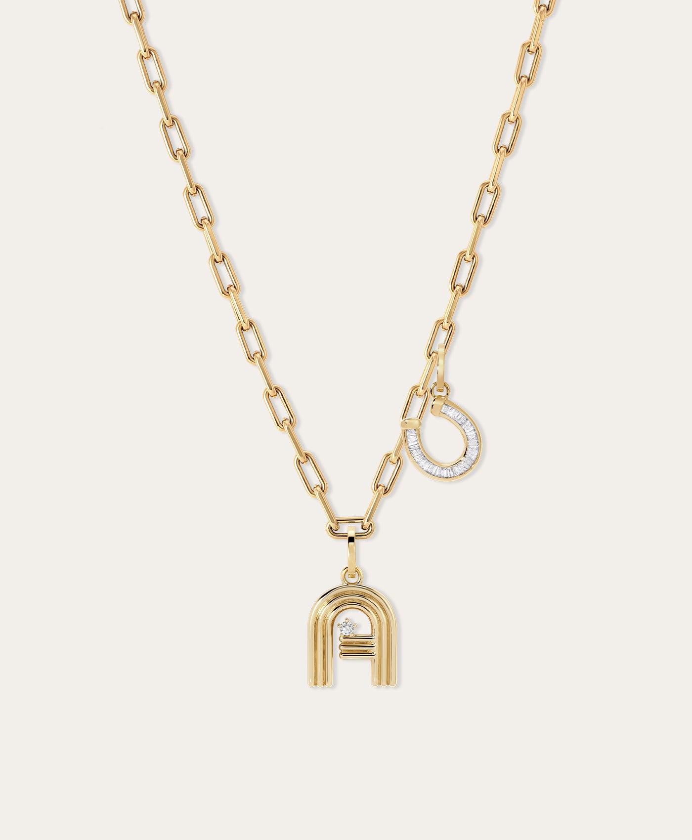 Groovy Diamond Initial + Horseshoe Charm Necklace