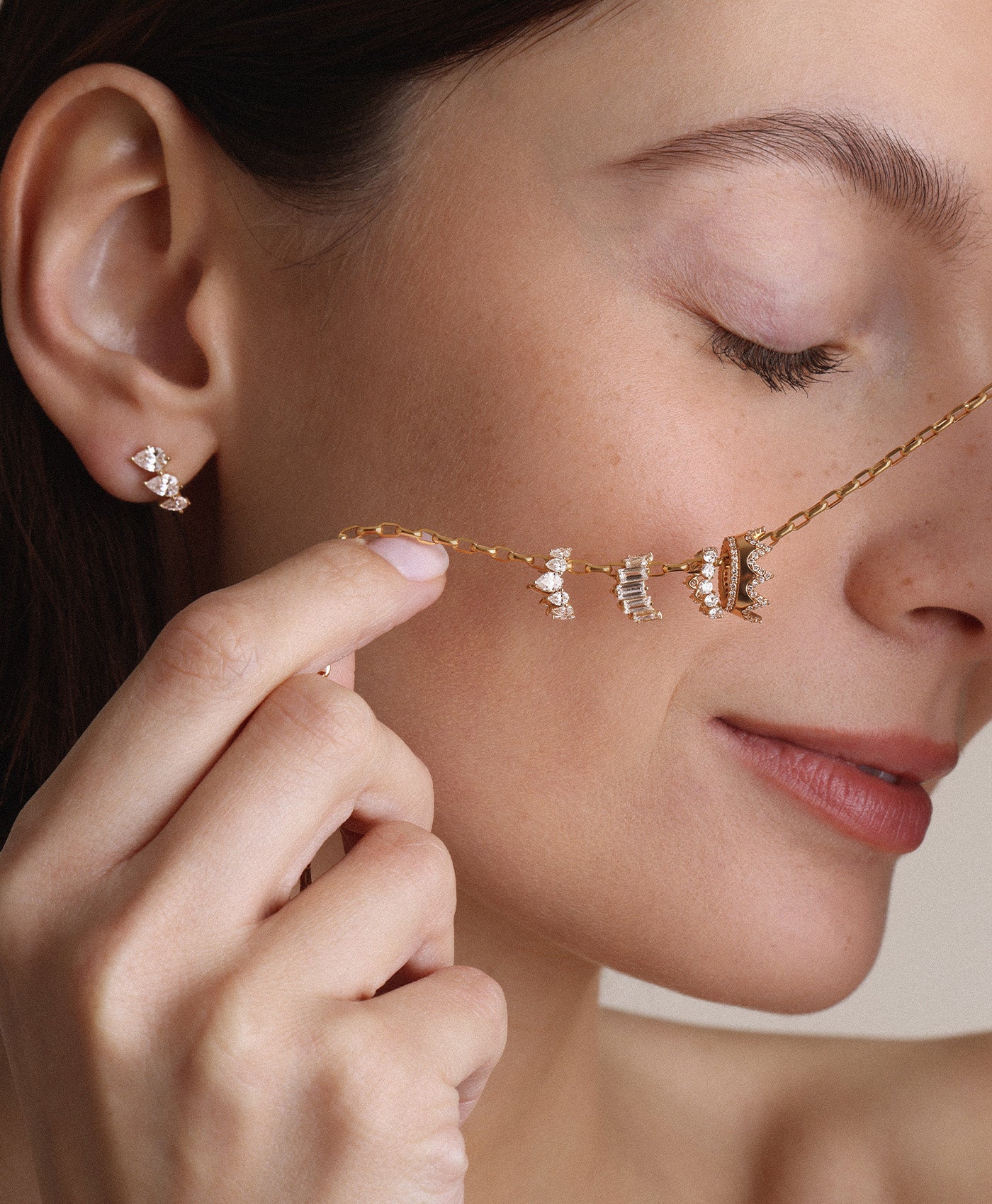 Diamond Baguette Tiara Big Bead Necklace