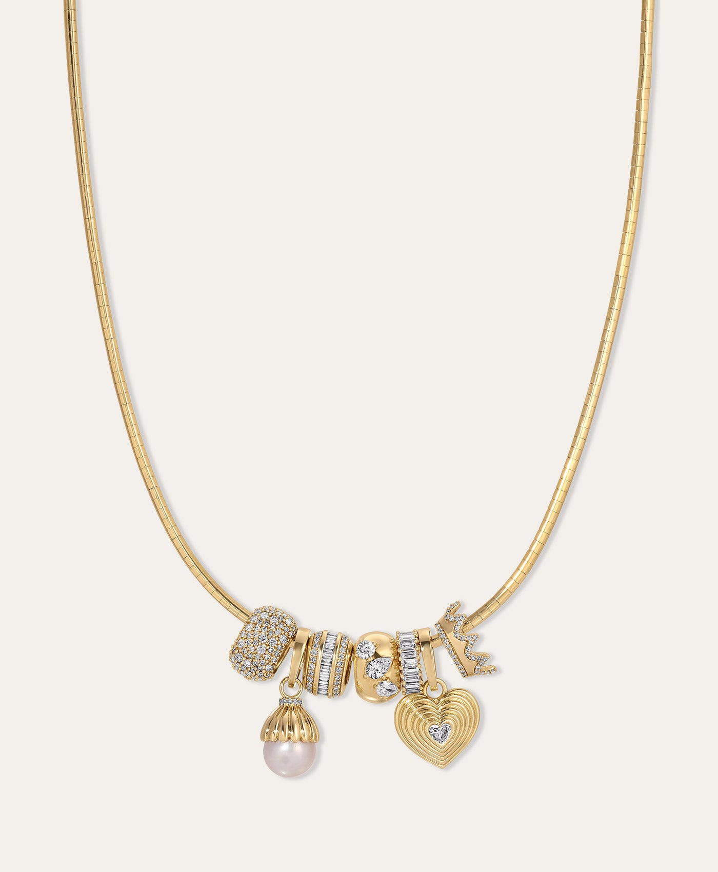 Fat Stack Diamond and Pearl Charm Necklace