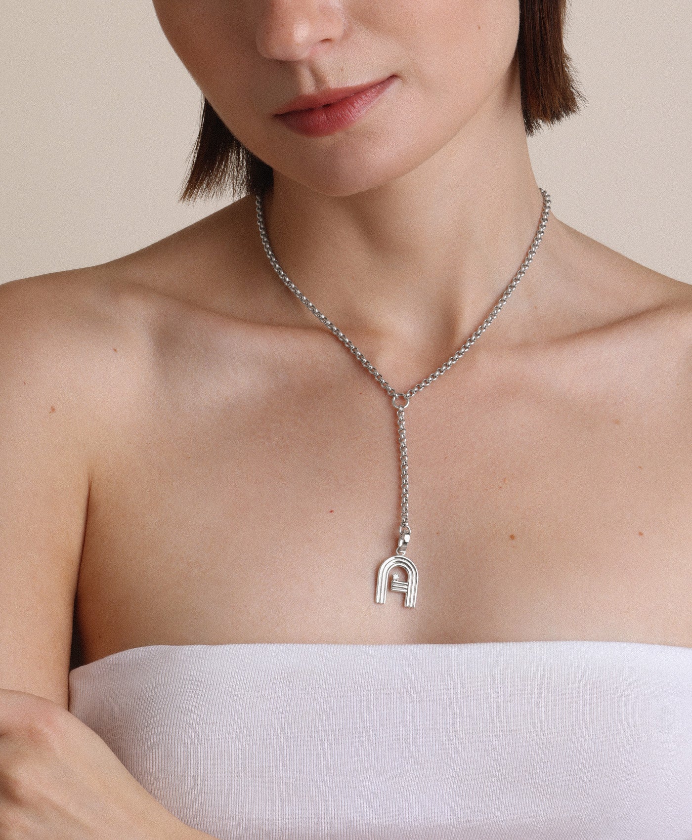 Groovy Diamond Initial Lariat Necklace in Sterling Silver