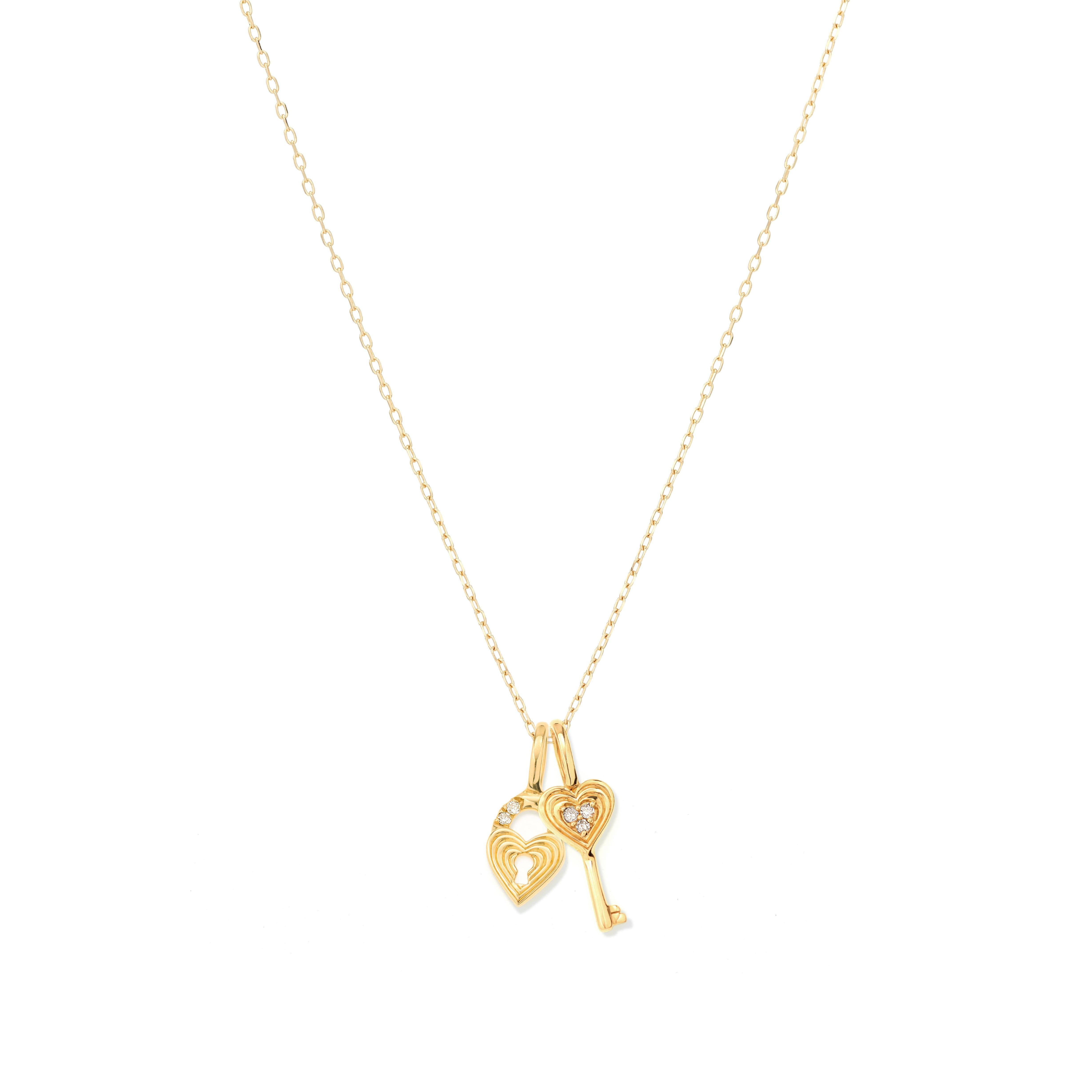 Groovy Diamond Heart Key & Padlock Mini Charm Necklace