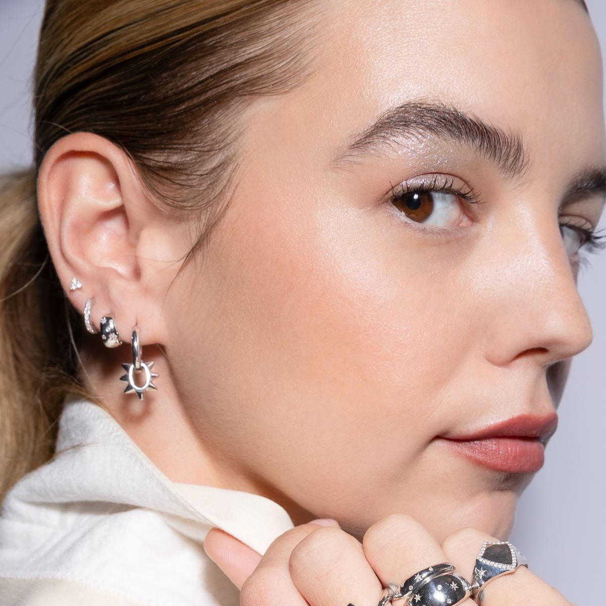 Celestial Diamonds Wide Huggie Hoops in Sterling Silver