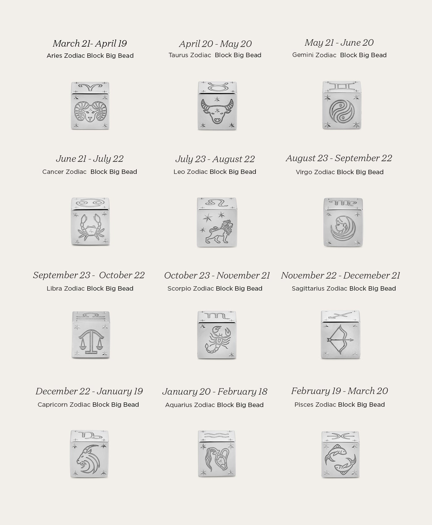 Zodiac Virgo Block Big Bead in Sterling Silver