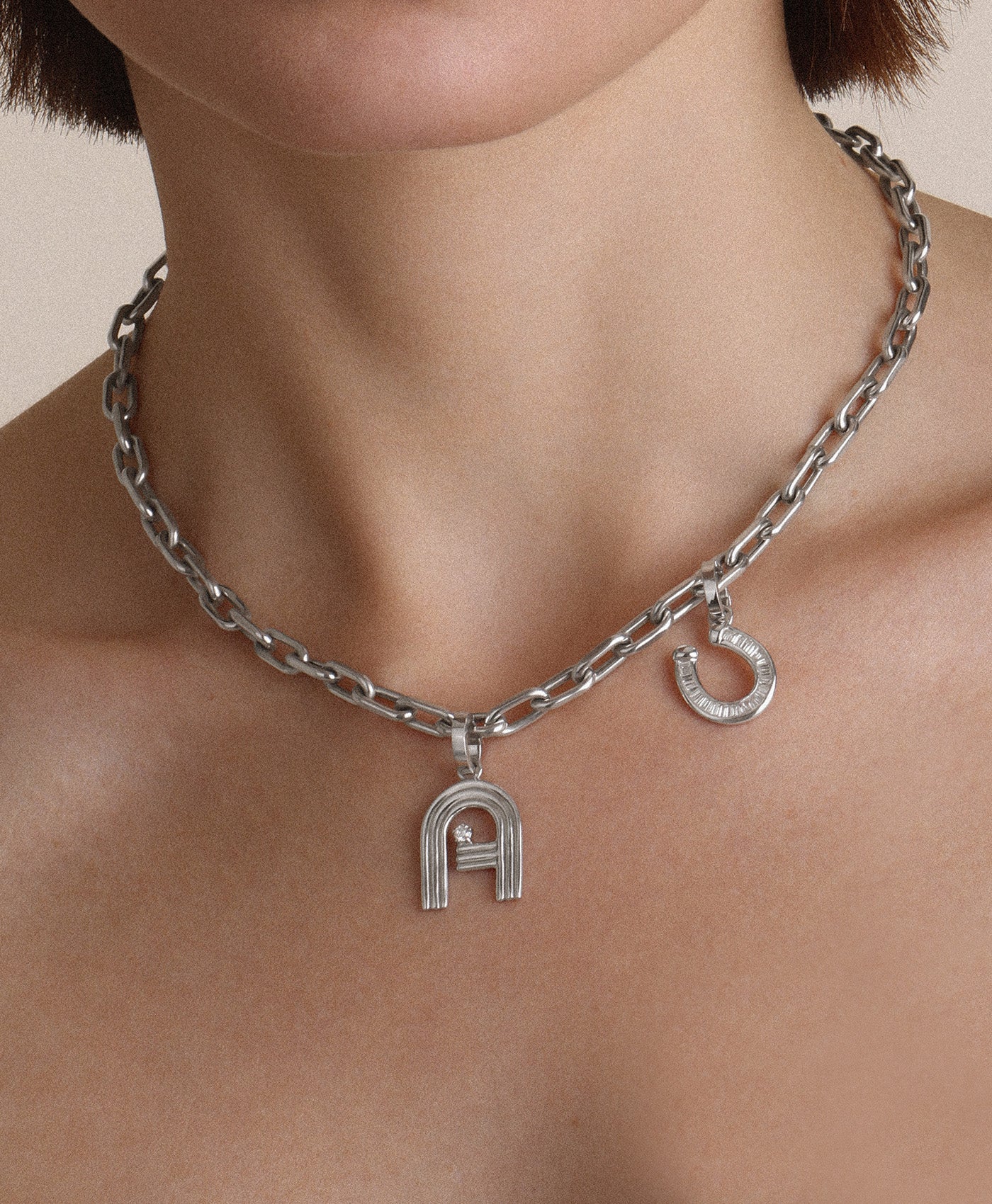 Groovy Diamond Initial + Horseshoe Charm Necklace