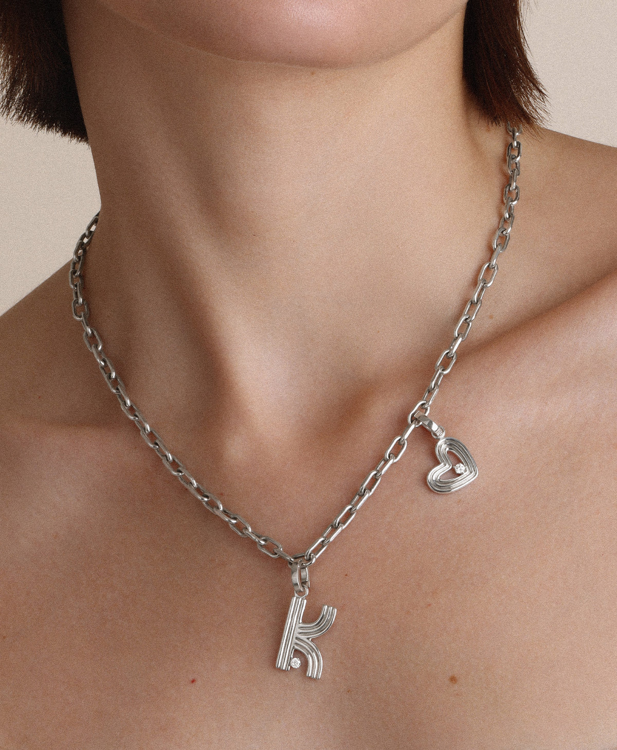 4mm Groovy Italian Chain Initial Heart Necklace in Sterling Silver