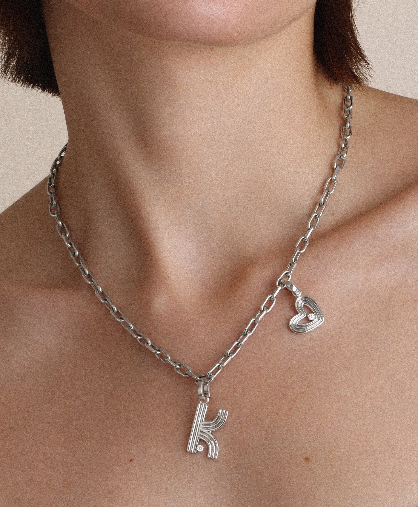 4mm Groovy Italian Chain Initial Heart Necklace in Sterling Silver