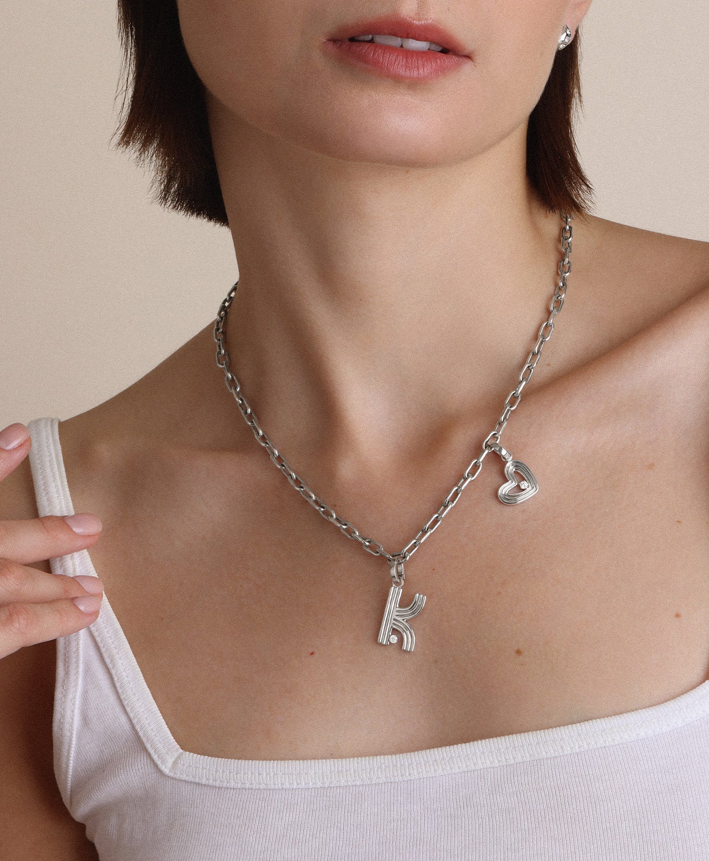 4mm Groovy Italian Chain Initial Heart Necklace in Sterling Silver