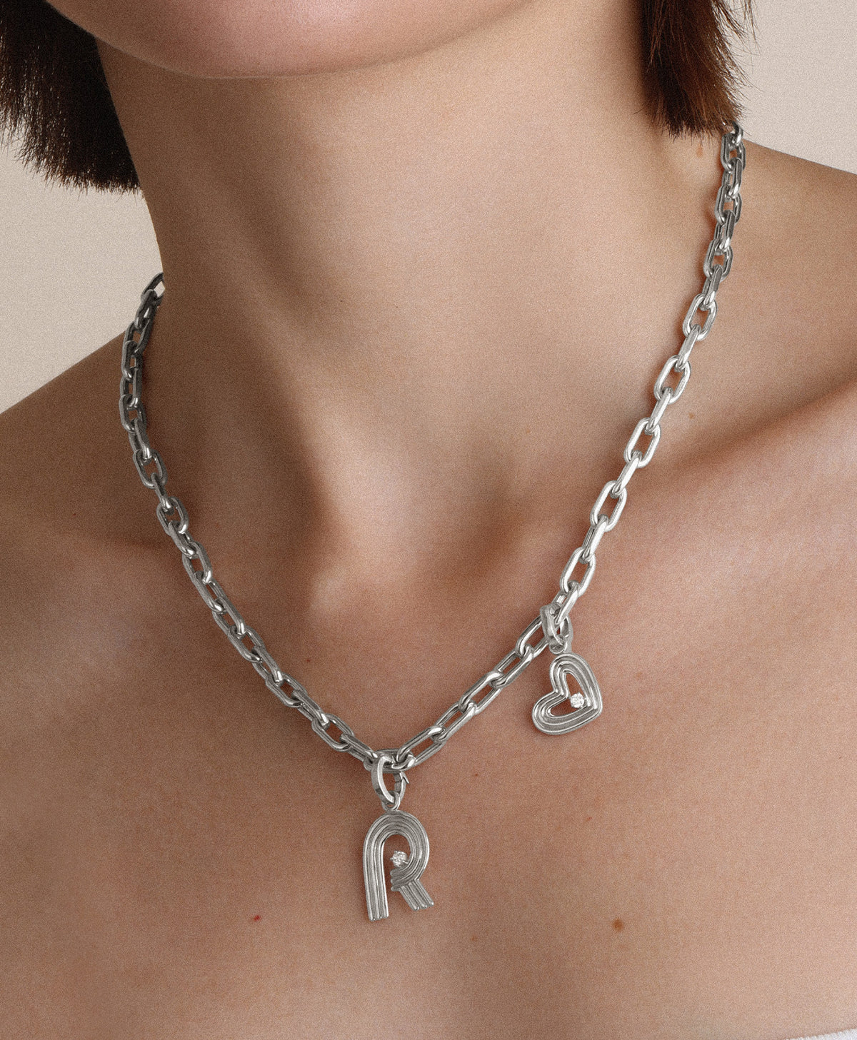 5.3mm Groovy Italian Chain Initial Heart Necklace in Sterling Silver