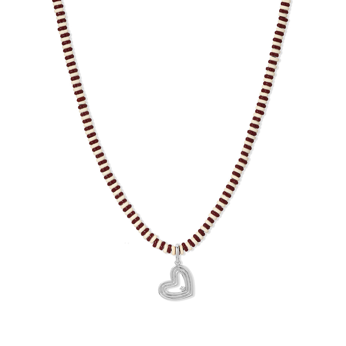 Cherry Soda Stripes Groovy Heart Full Enamel Mini Bead Necklace In Sterling Silver