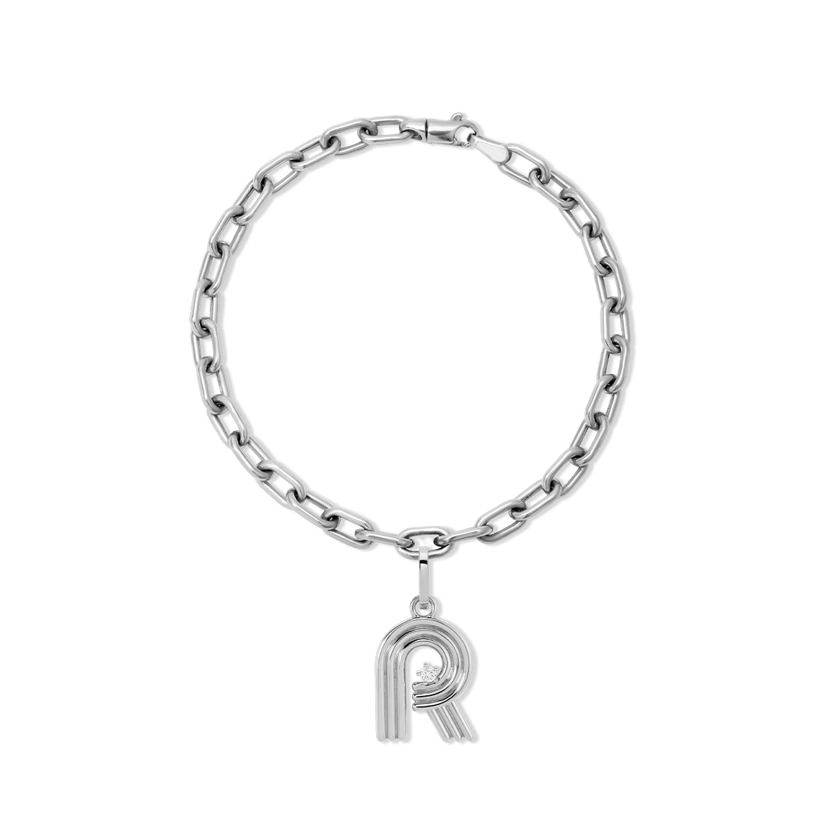 Groovy Diamond Initial Charm Bracelet on 4mm Italian Chain in Sterling Silver