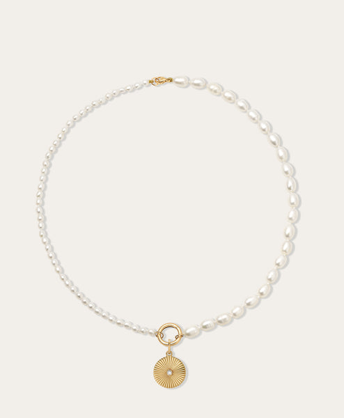 Half & Half Pearl Necklace with Groovy Diamond Rays Charm