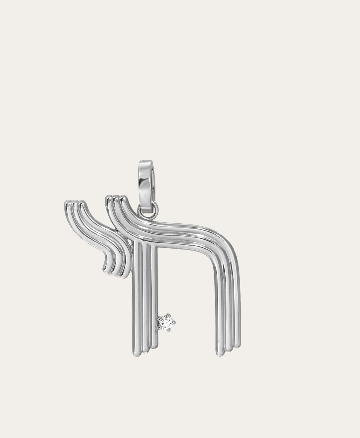 Silver Chai pendant with a diamond on a light gray background
