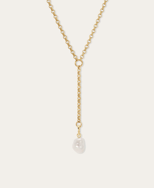 14k Gold Lariat Necklace with Pearl Drop | Adina Reyter