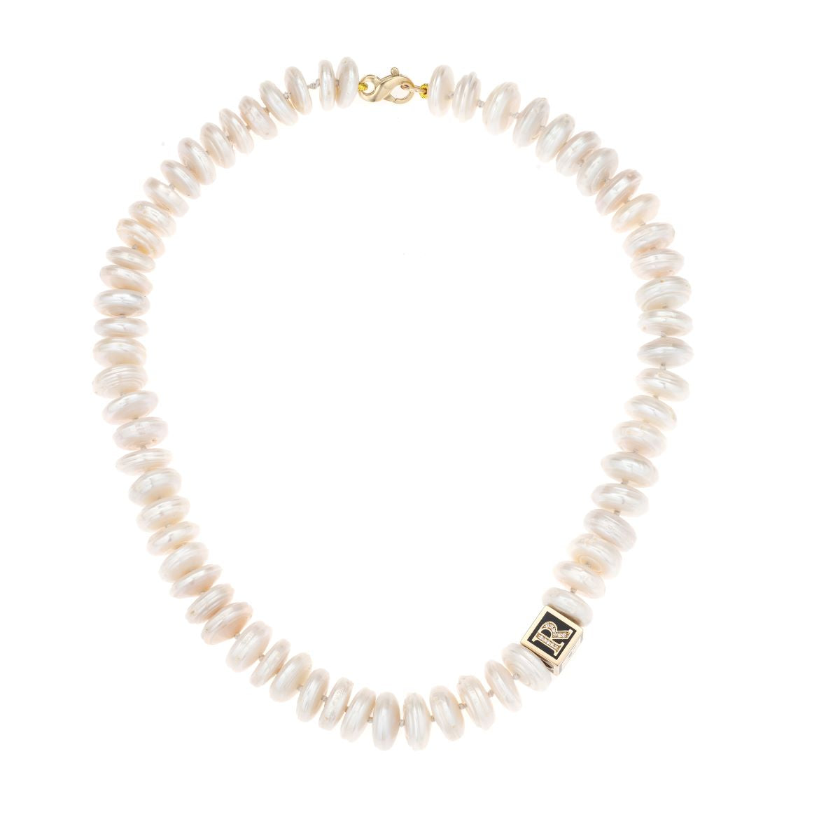 Pearl Coin Initial Block Big Bead Necklace