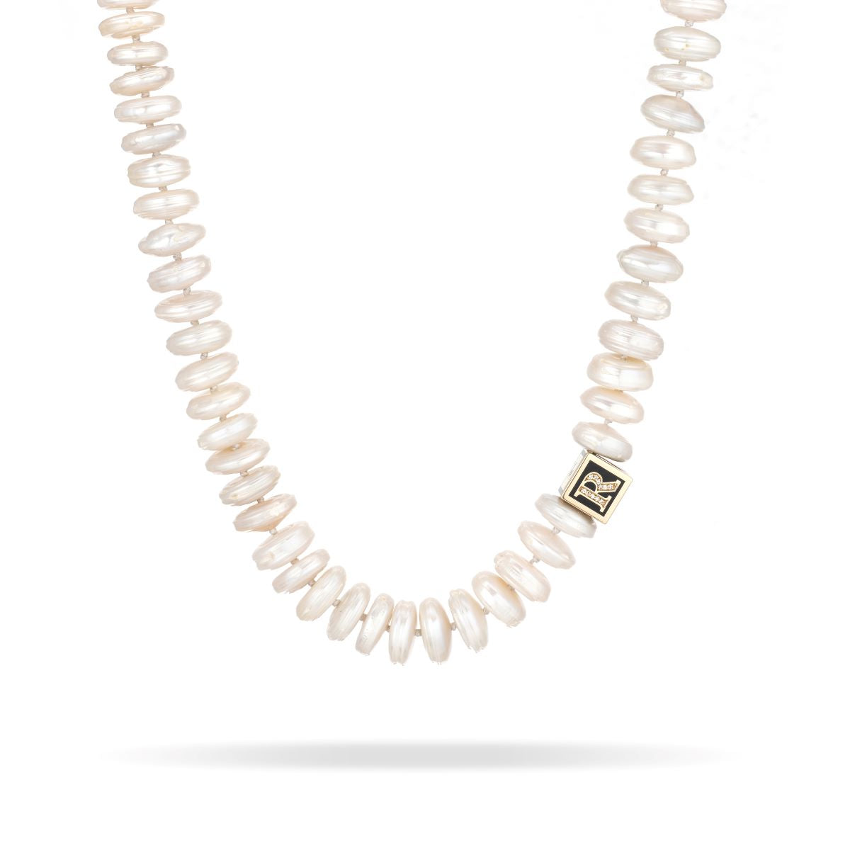 Pearl Coin Initial Block Big Bead Necklace