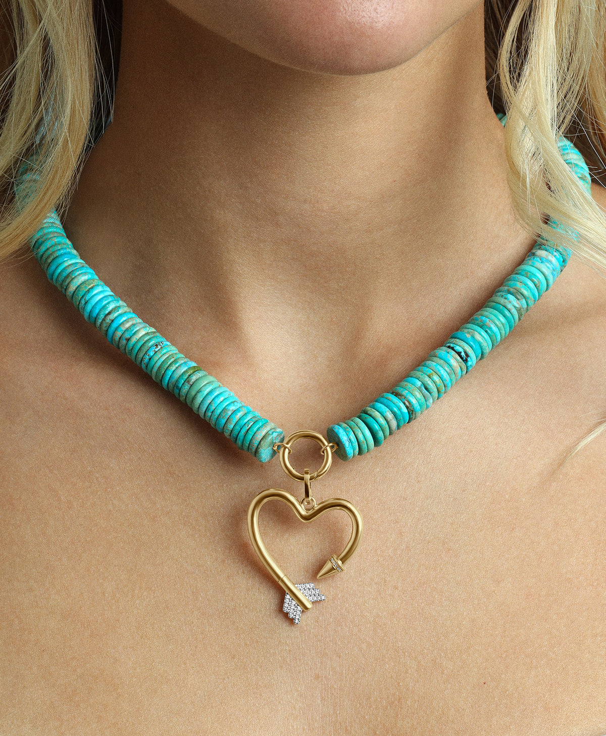 Diamond Arrow Heart Charm on XL Turquoise Gemstone Necklace