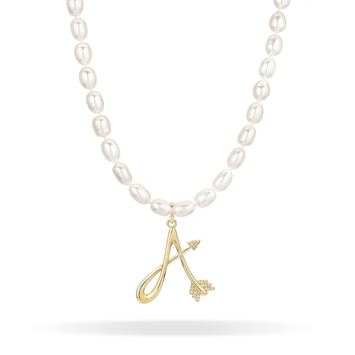 XL Seed Pearl Diamond Arrow Initial Necklace