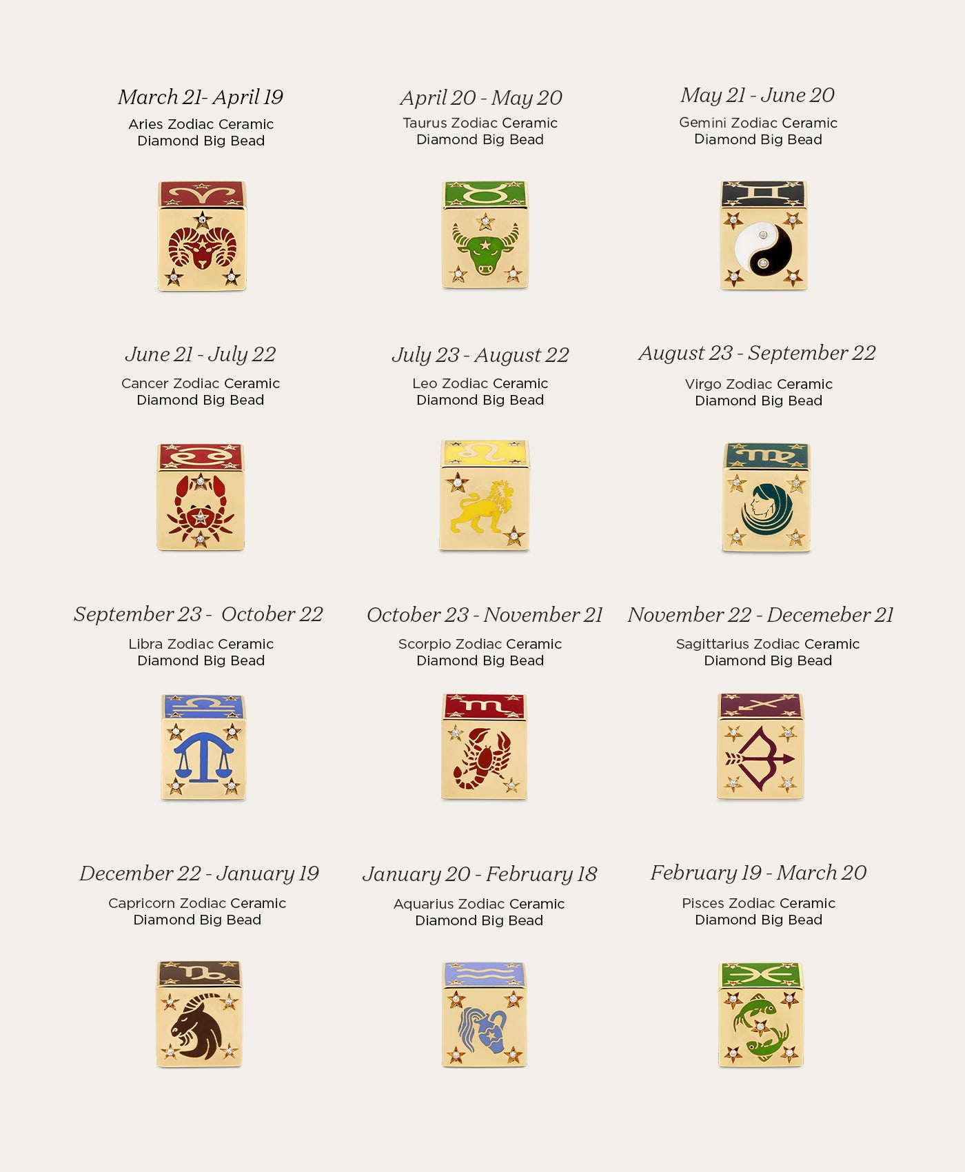 Zodiac Ceramic + Diamond Aquarius Block Big Bead