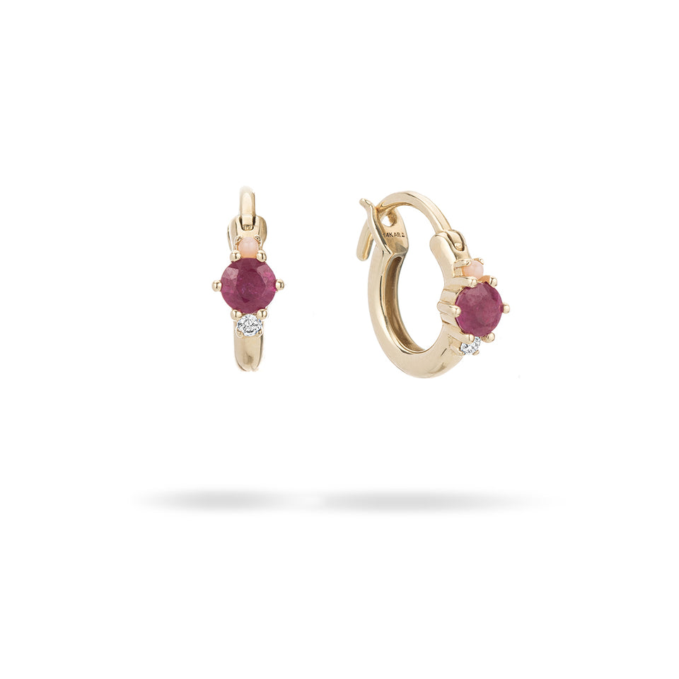 Amalfi Ruby + Diamond + Pink Opal Huggie Hoops