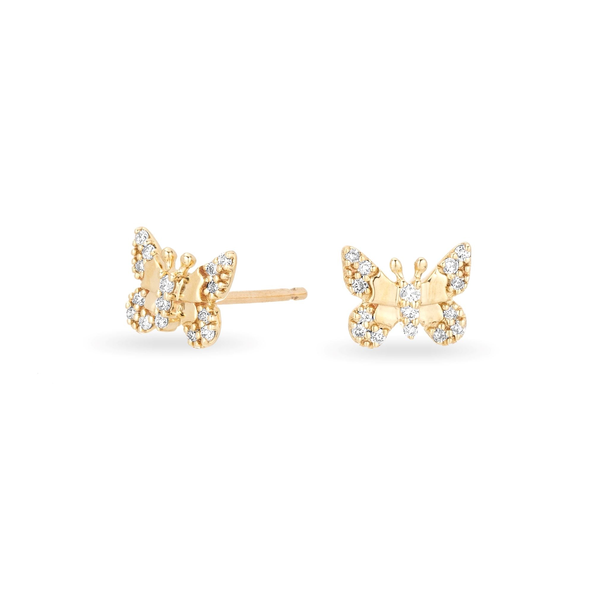 14 Kt Yellow Gold White Diamond. Butterfly Post Earrings. 