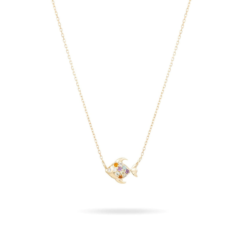 Tiny Diamond + Gemstone Rainbow Fish Necklace