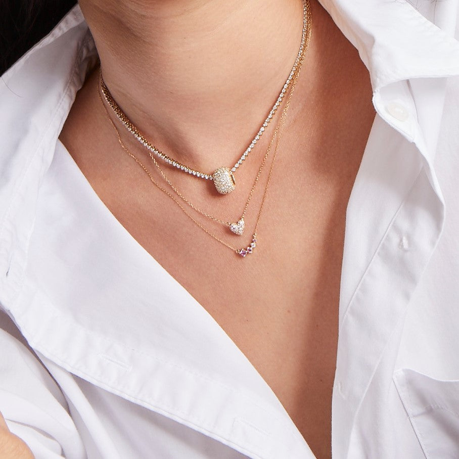 Pink Sapphire + Diamond Puffy Heart Necklace